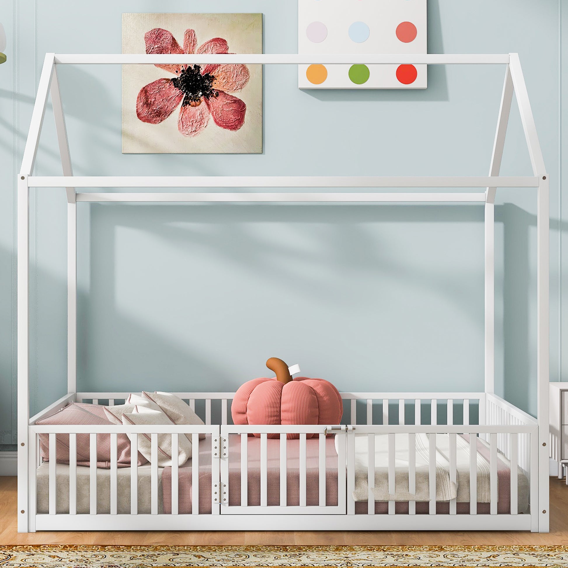 White wooden house bed frame with safety rails and bedding