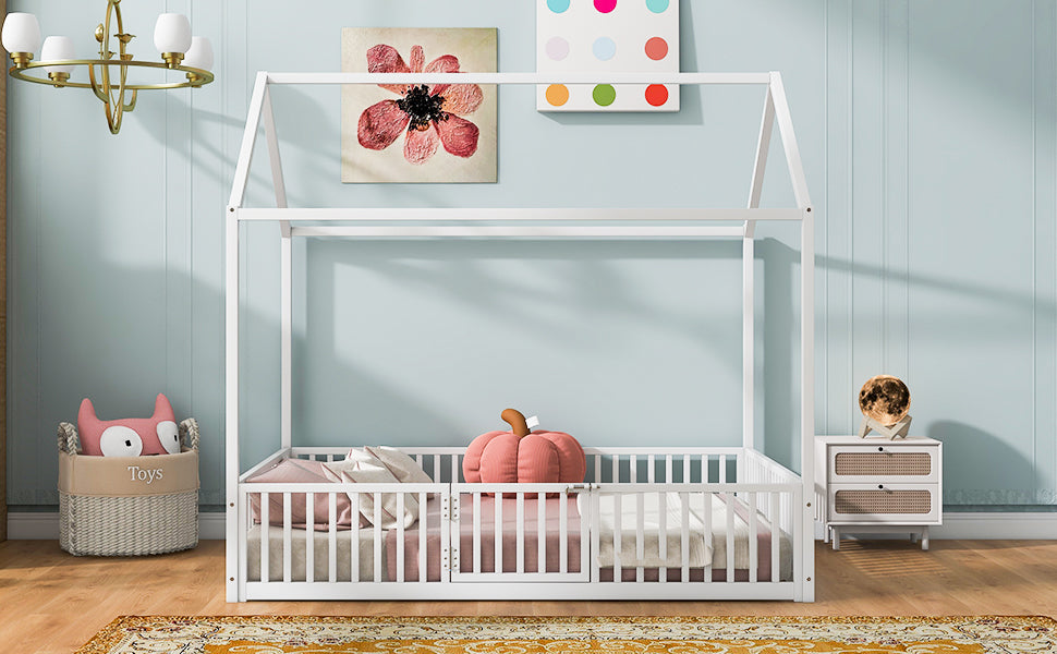 White wooden house bed frame with white railings and bedding for a childs room