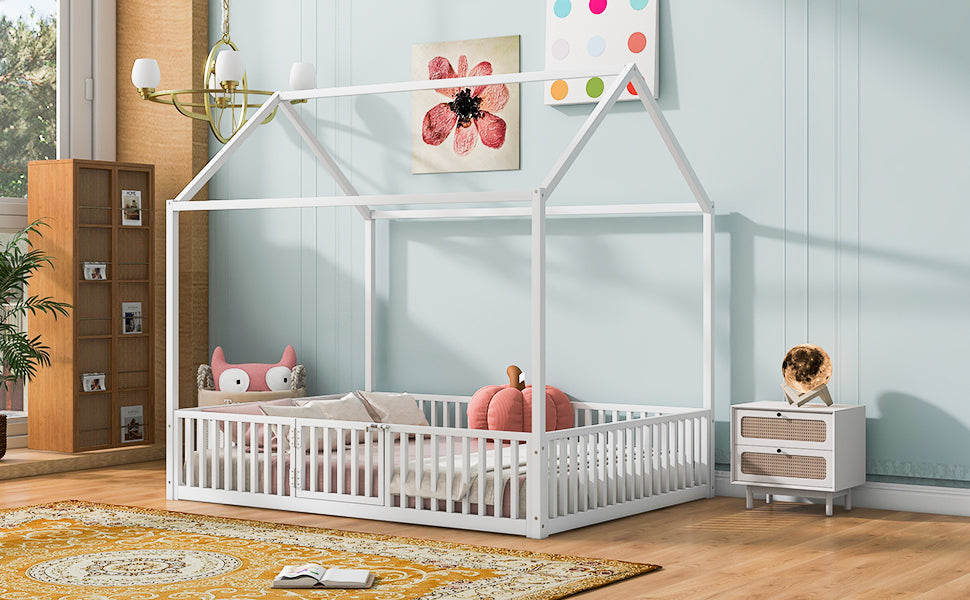 White wooden house bed frame with safety rails