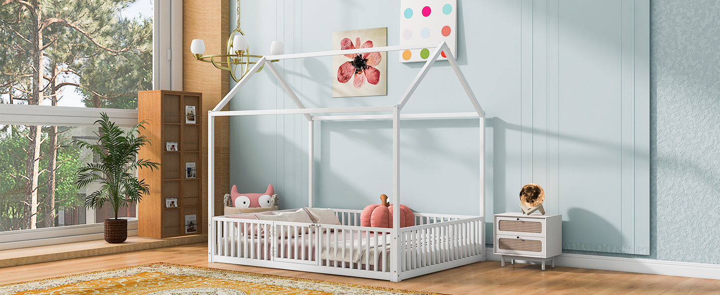 White wooden house bed frame for kids