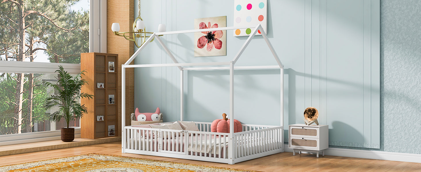 White wooden house bed frame for kids