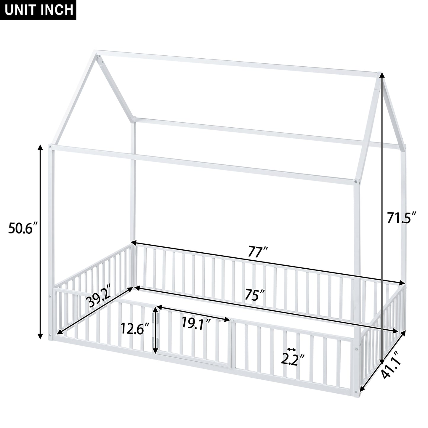 White metal house bed frame with railing dimensions for kids