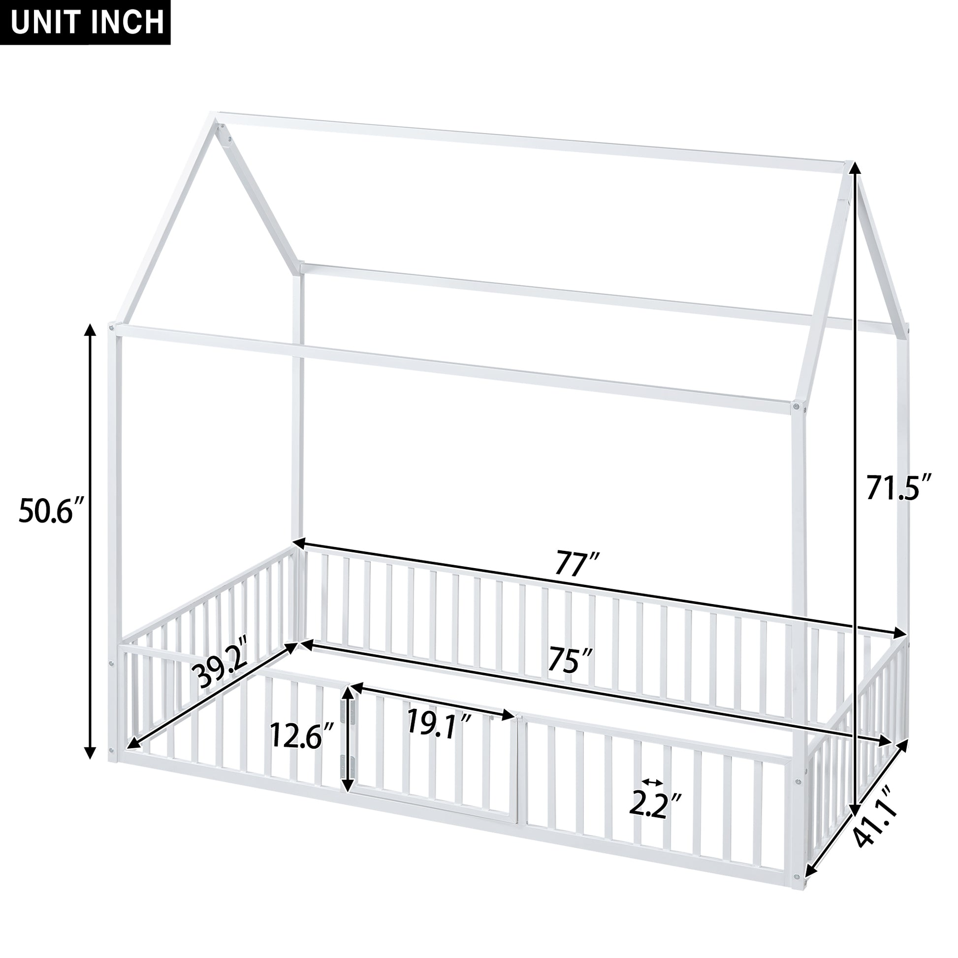 White metal house bed frame with railing dimensions for kids