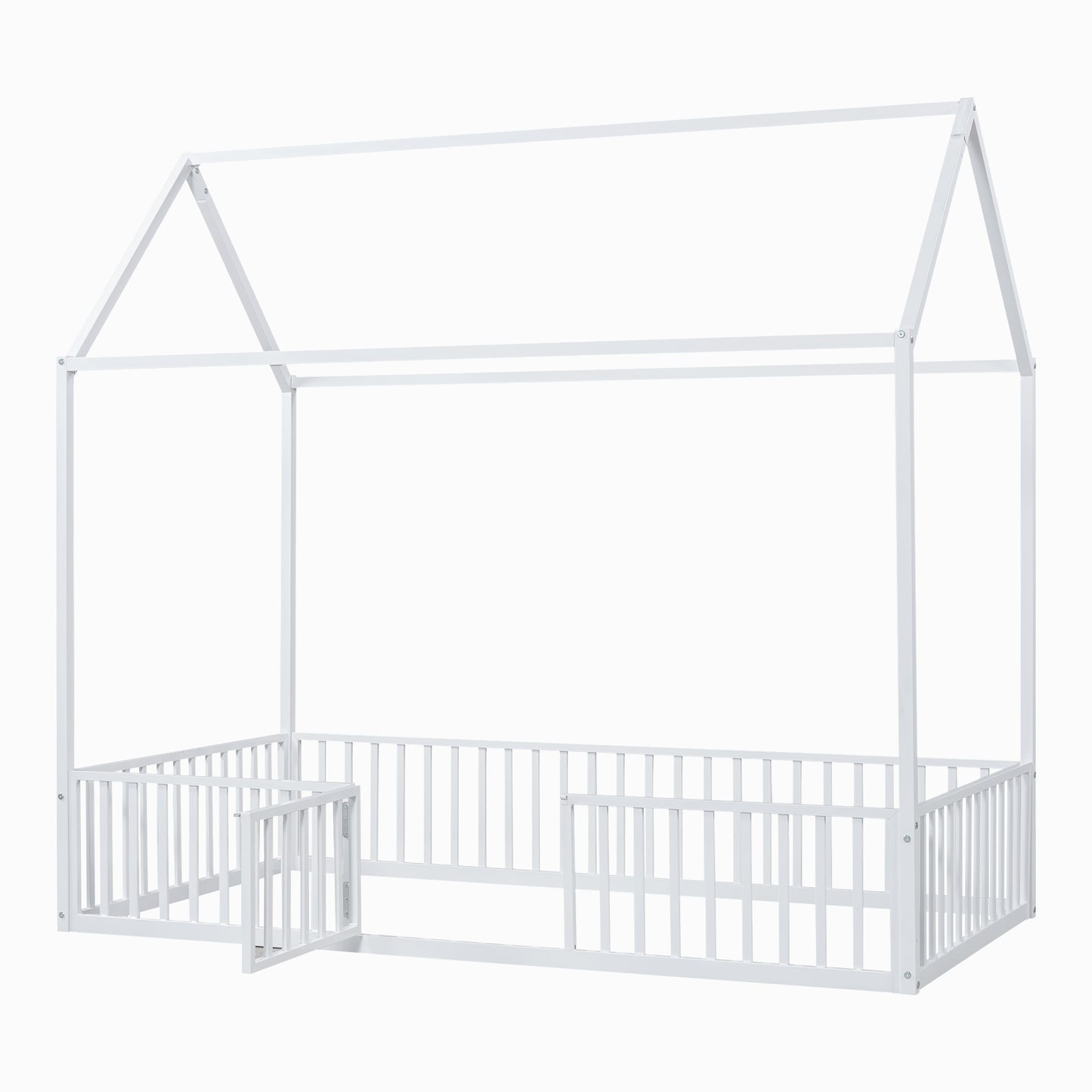 White wooden house bed frame with fence for toddler safety