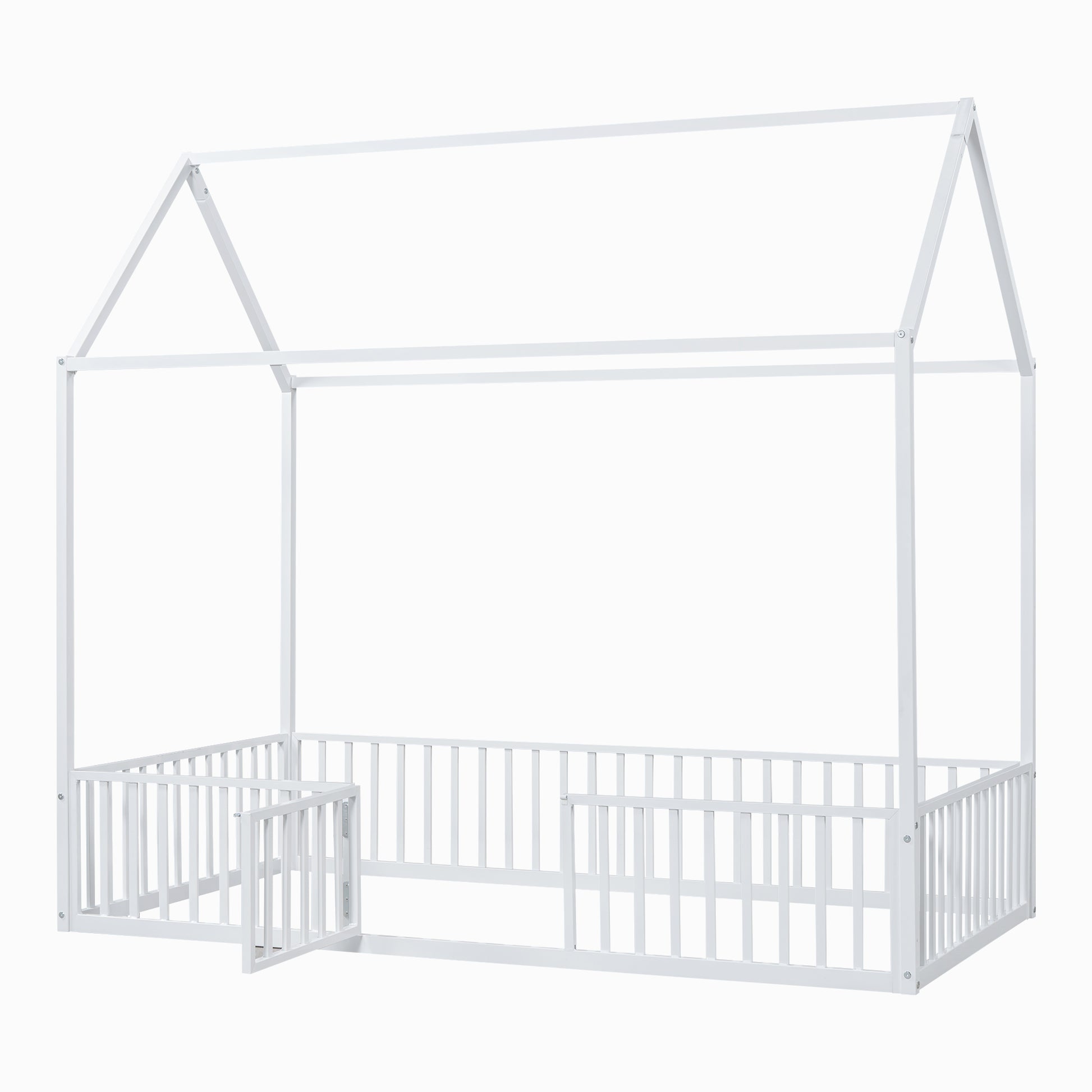 White wooden house bed frame with fence for toddler safety