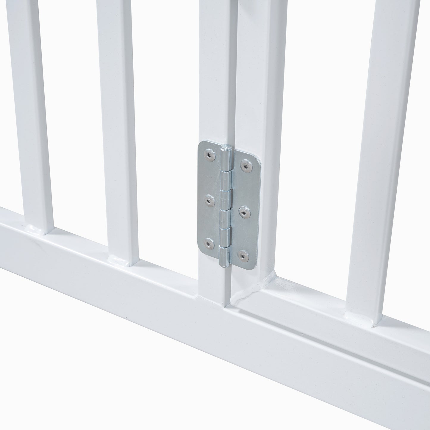 Closeup of a silver metal door hinge on a white metal gate