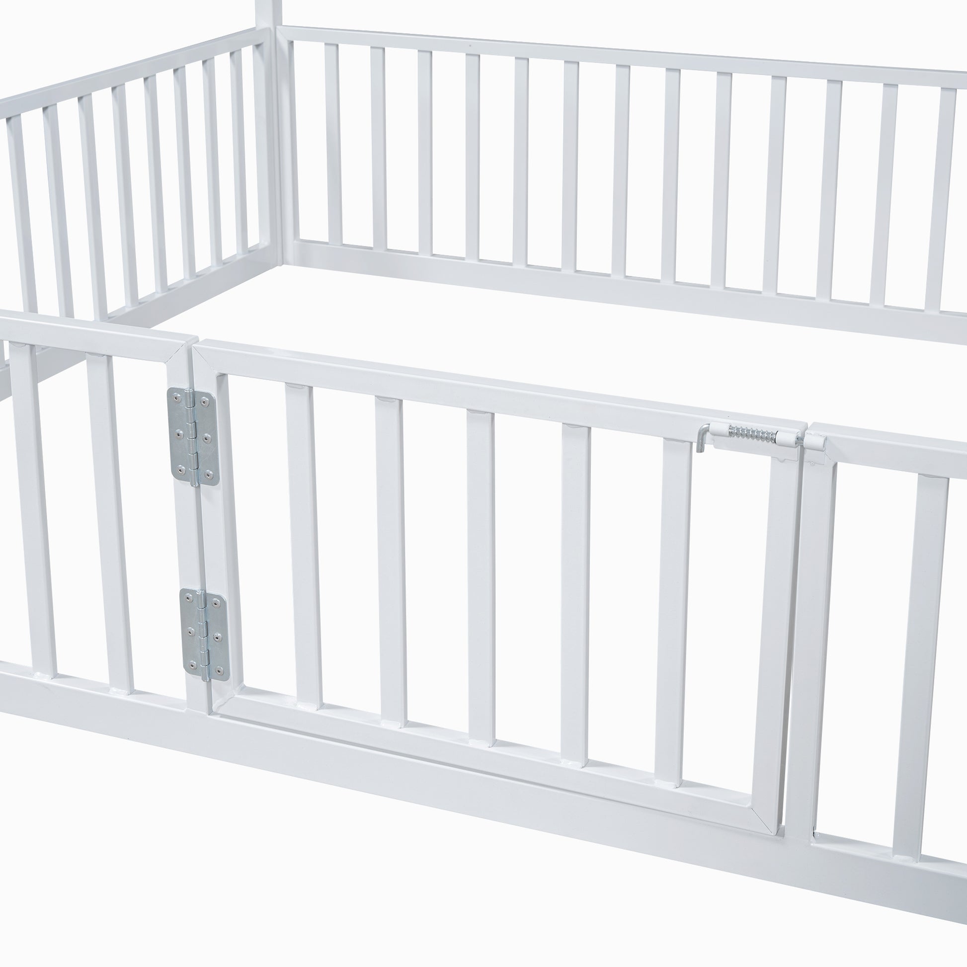 White wooden playpen with hinged gate and bolt latch