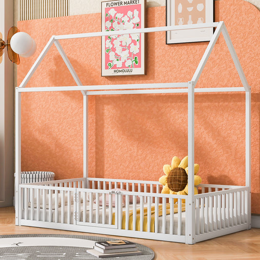 White wooden house bed frame with rails for toddlers and children