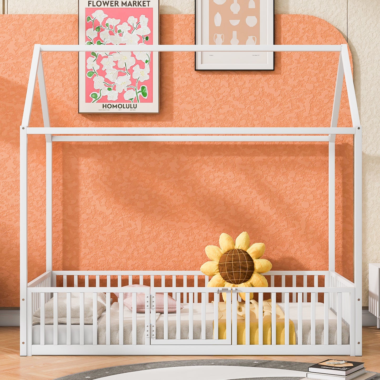 White wooden toddler bed frame with safety rails and a houseshaped top