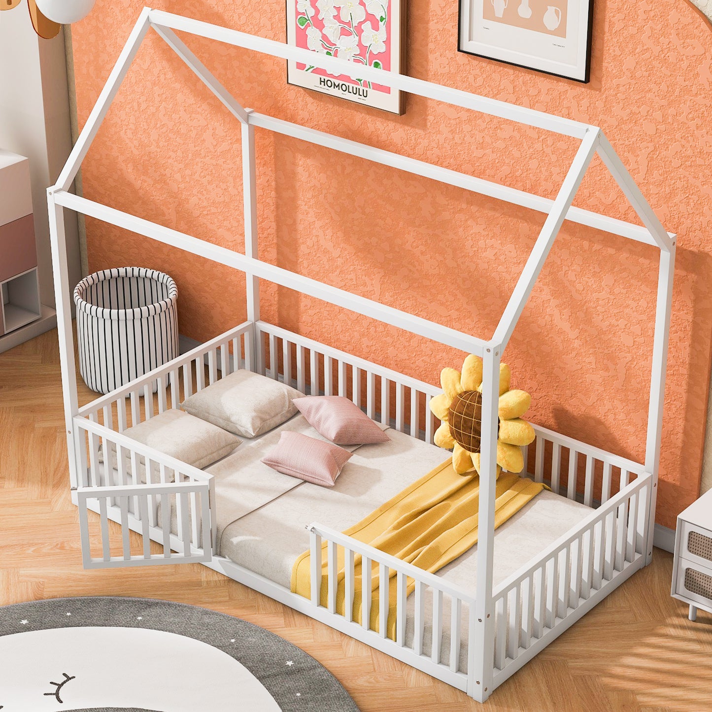 White wooden house bed frame for kids with rails and open door