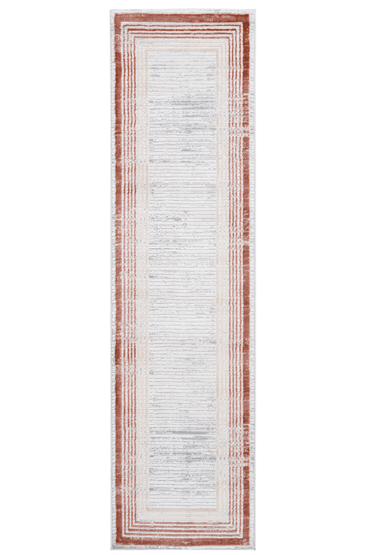 Abstract geometric runner rug with terracotta and cream stripes