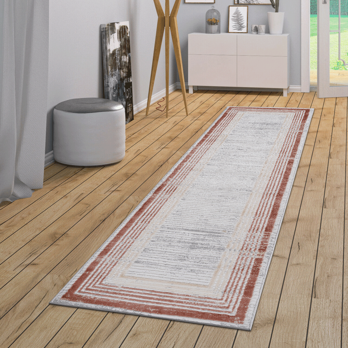 Modern runner rug with terracotta and cream geometric border perfect for hallways