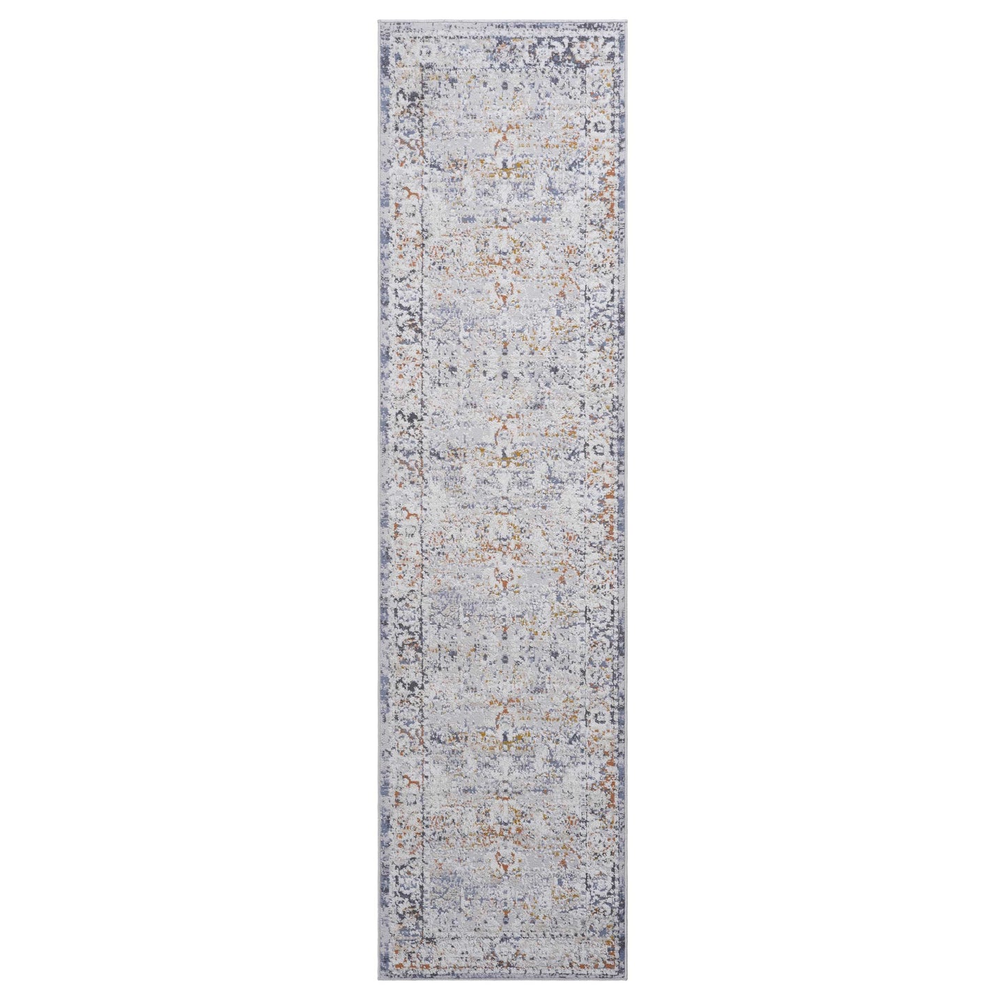 Distressed oriental runner rug with muted blue orange and grey abstract patterns x ft
