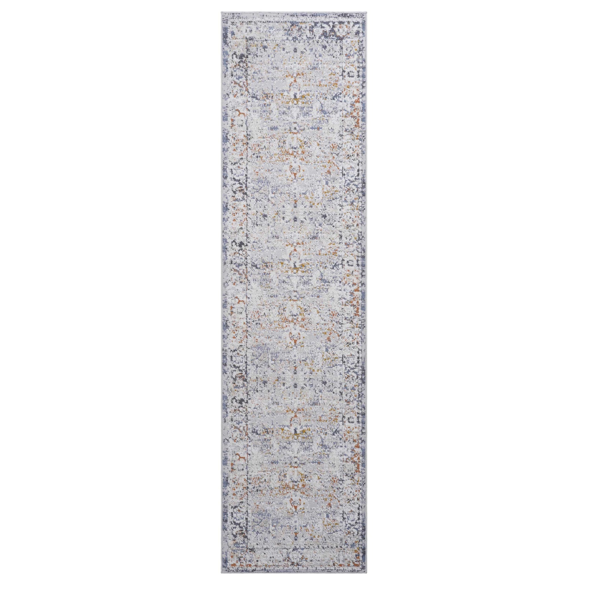 Distressed oriental runner rug with muted blue orange and grey abstract patterns x ft