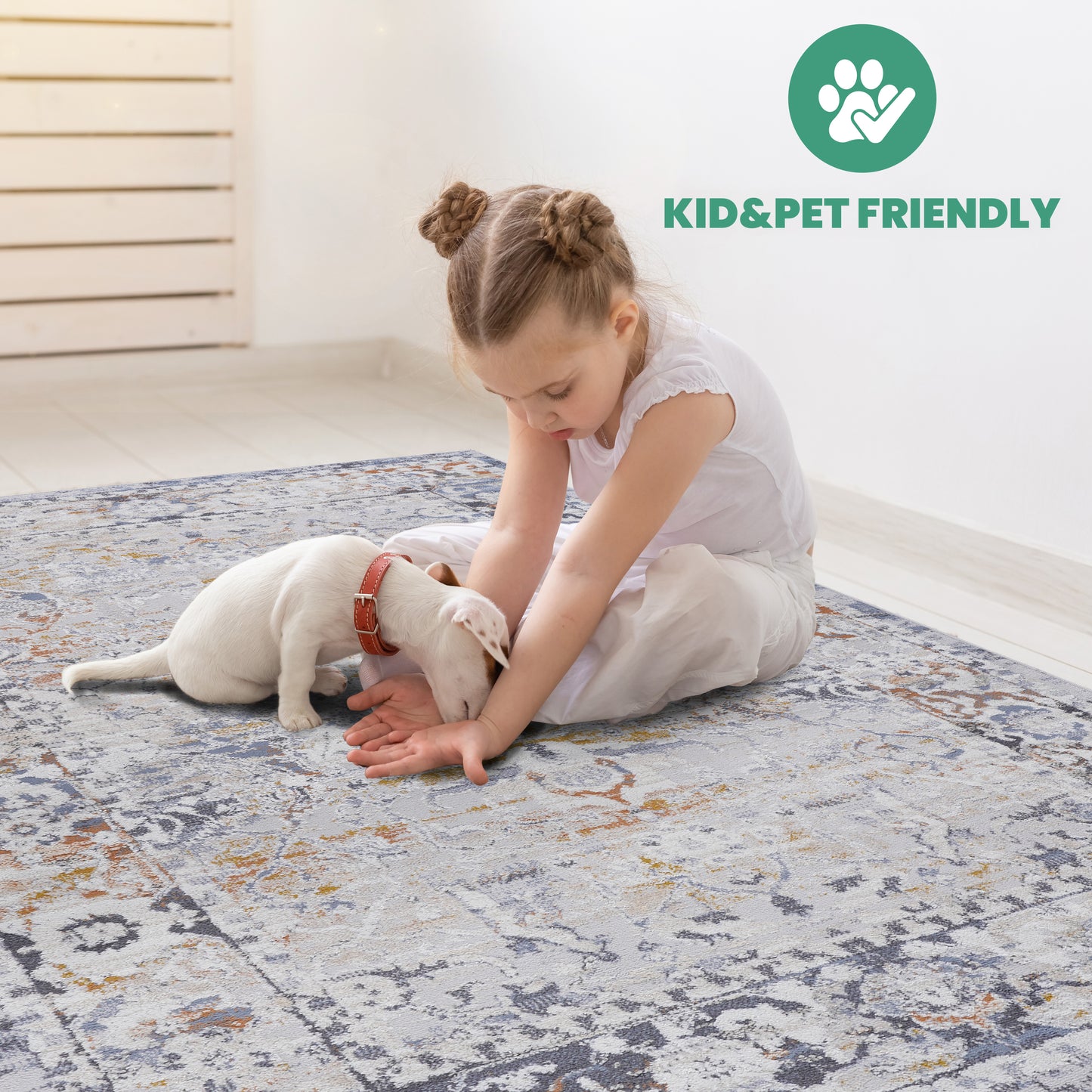 Soft grey oriental rug with subtle orange and blue accents ideal for living rooms