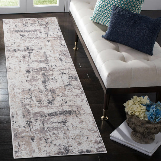 Cream and grey abstract pattern runner rug