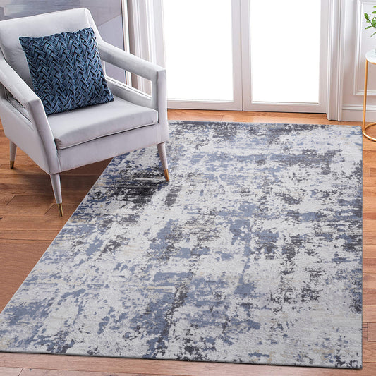 Modern abstract area rug in grey blue and cream tones