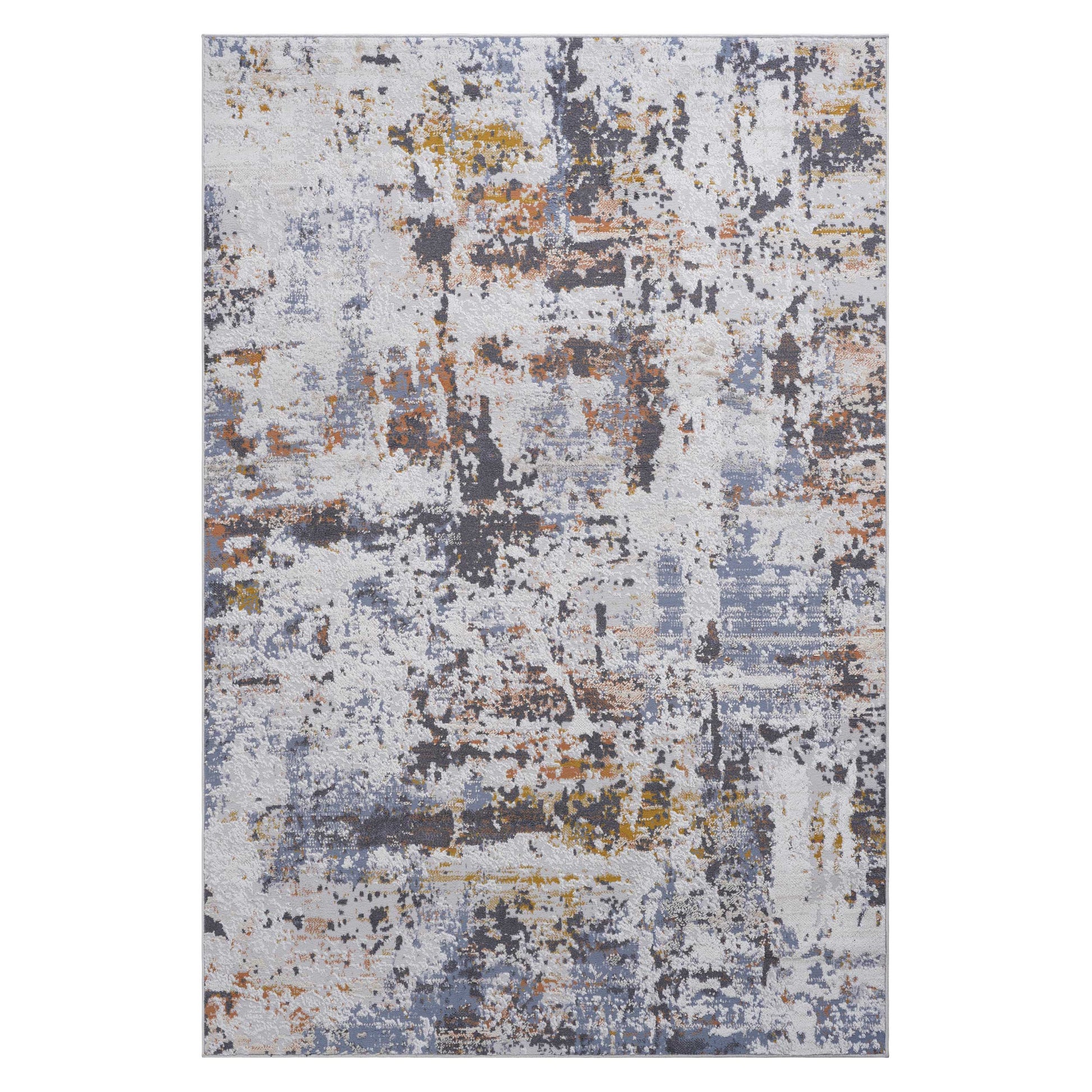 Modern abstract area rug with grey blue orange and gold distressed pattern