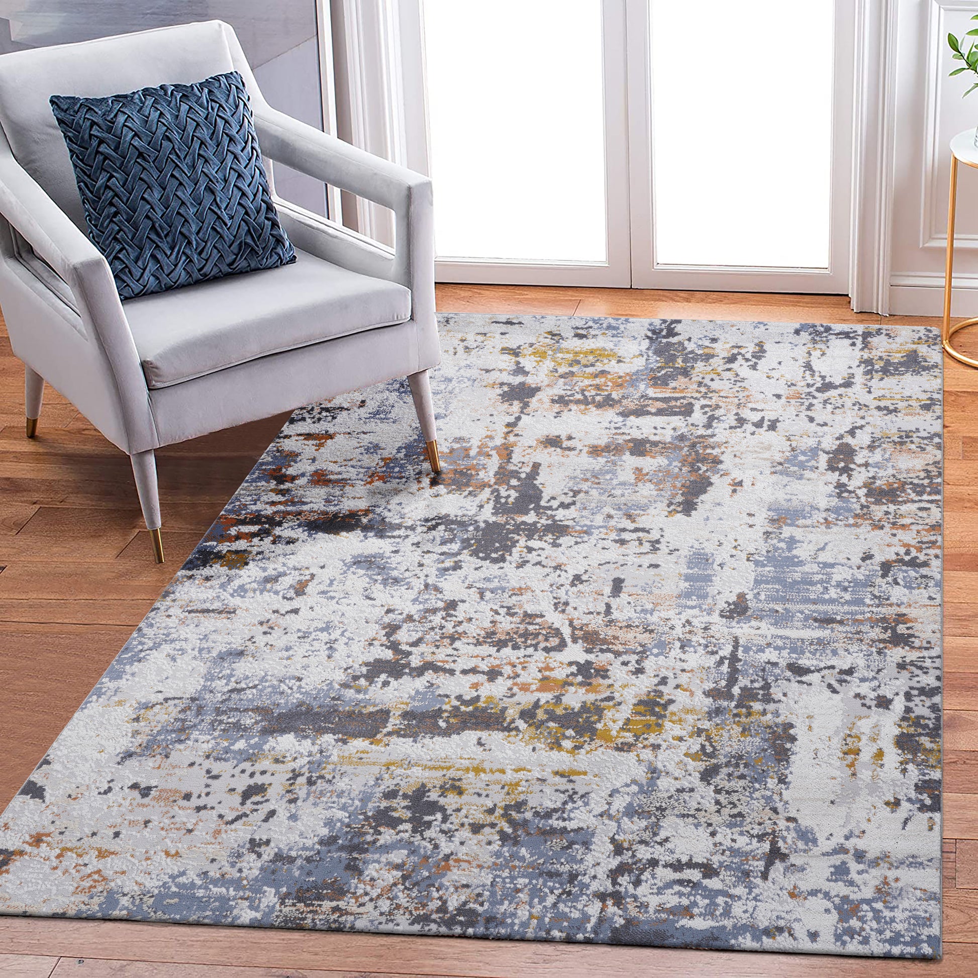 Modern abstract rug with grey white and ochre tones x feet size