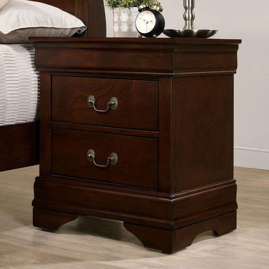 Dark cherry wood nightstand with two drawers and ornate brass pulls