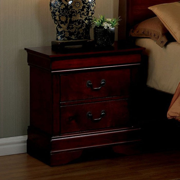 Dark cherry wood nightstand with two drawers and antique brass handles