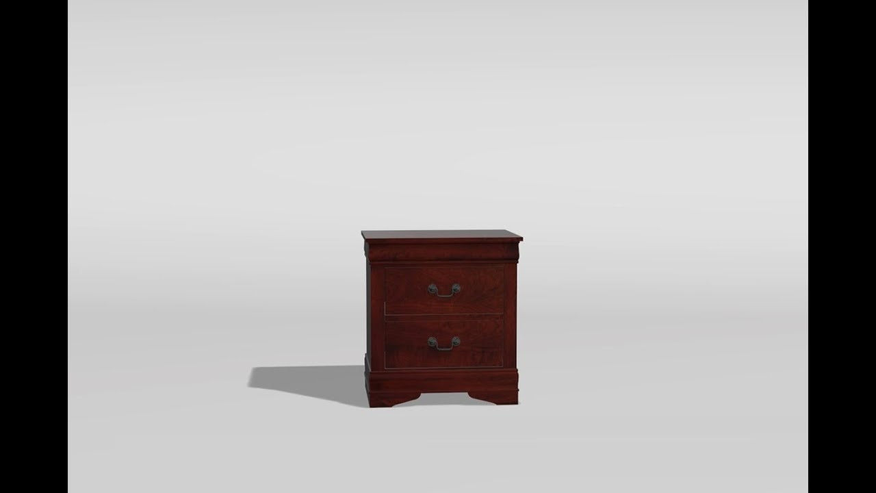 Dark cherry wood nightstand with two drawers and antique brass pulls