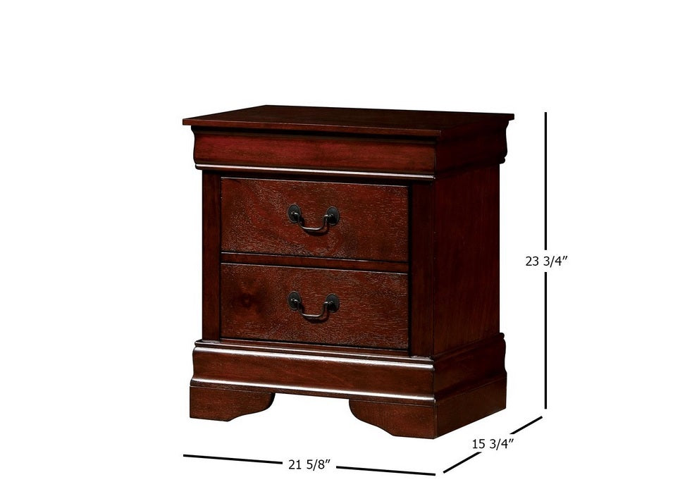 Dark cherry wood nightstand with two drawers and ornate metal pulls