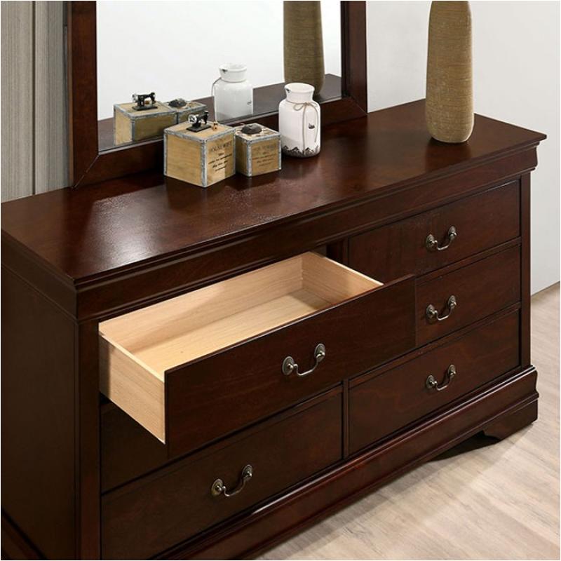 Dark cherry wood dresser with ornate metal handles