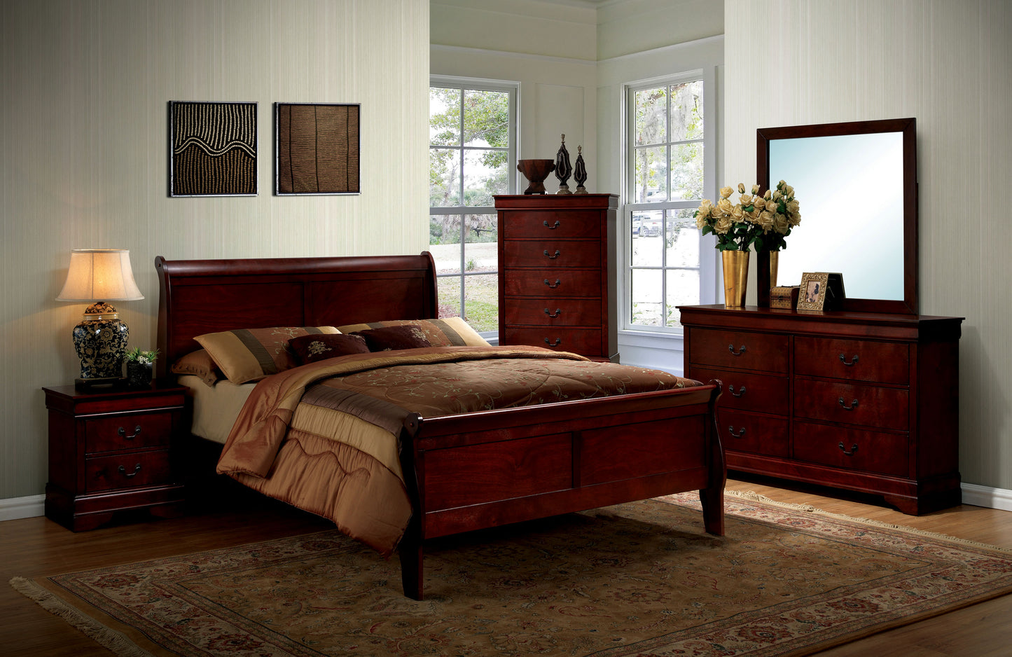 Dark cherry sleigh bed with plush brown bedding