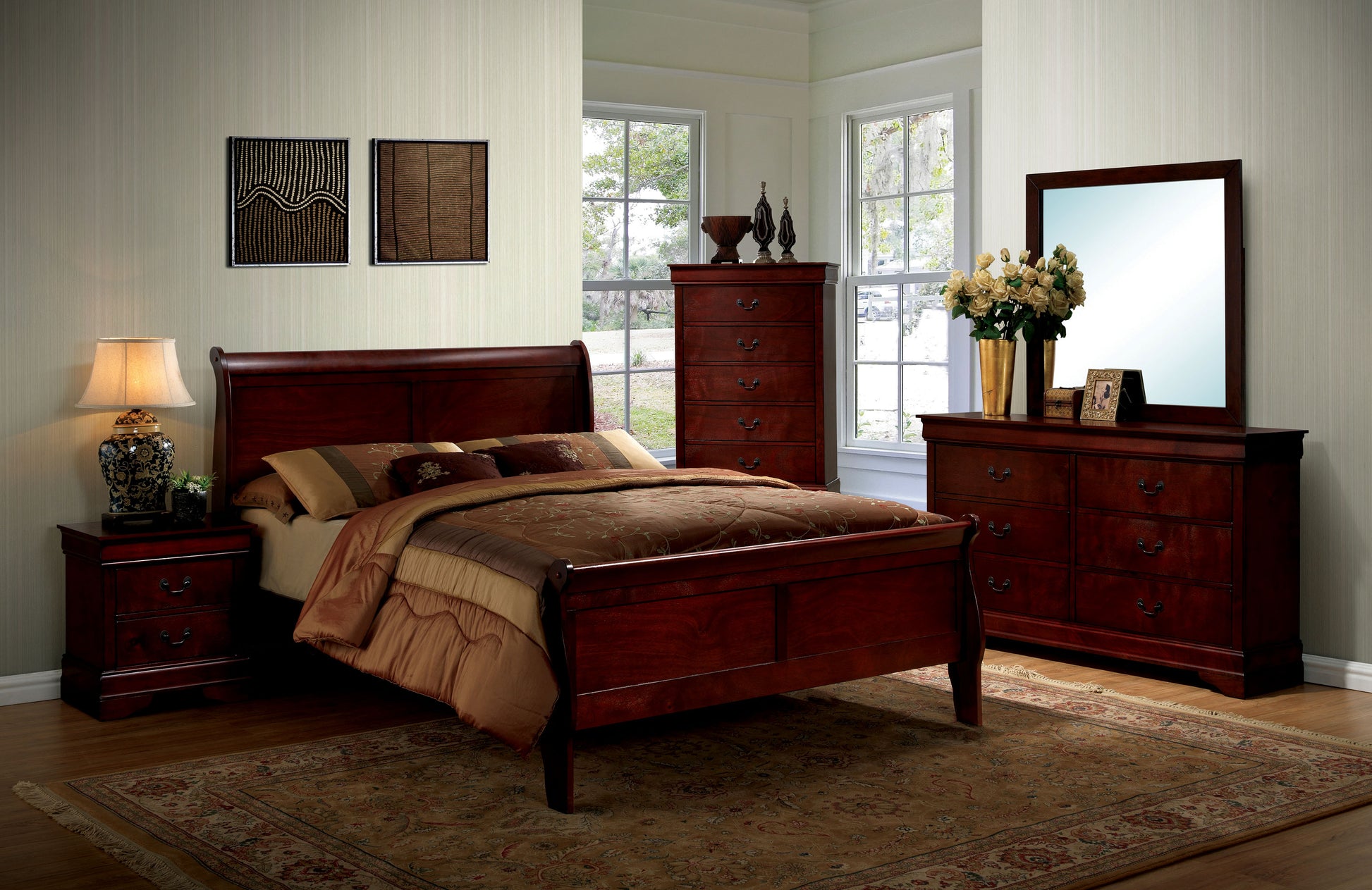 Dark cherry sleigh bed with plush brown bedding
