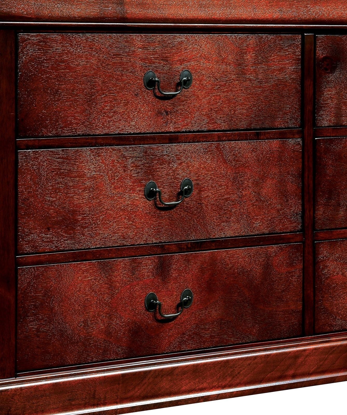 Dark cherry wood dresser with three drawers and antique brass hardware