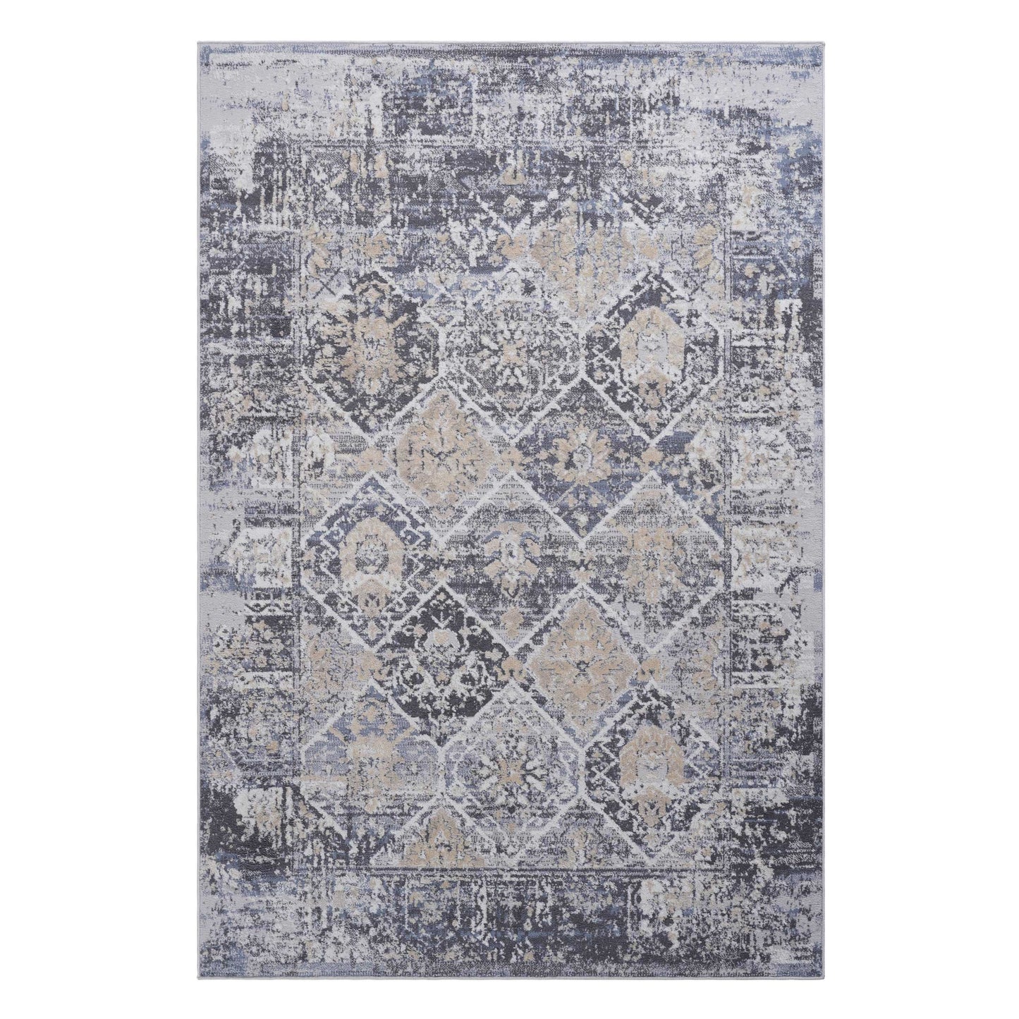 Distressed damask area rug with gray beige and blue tones perfect for modern living rooms