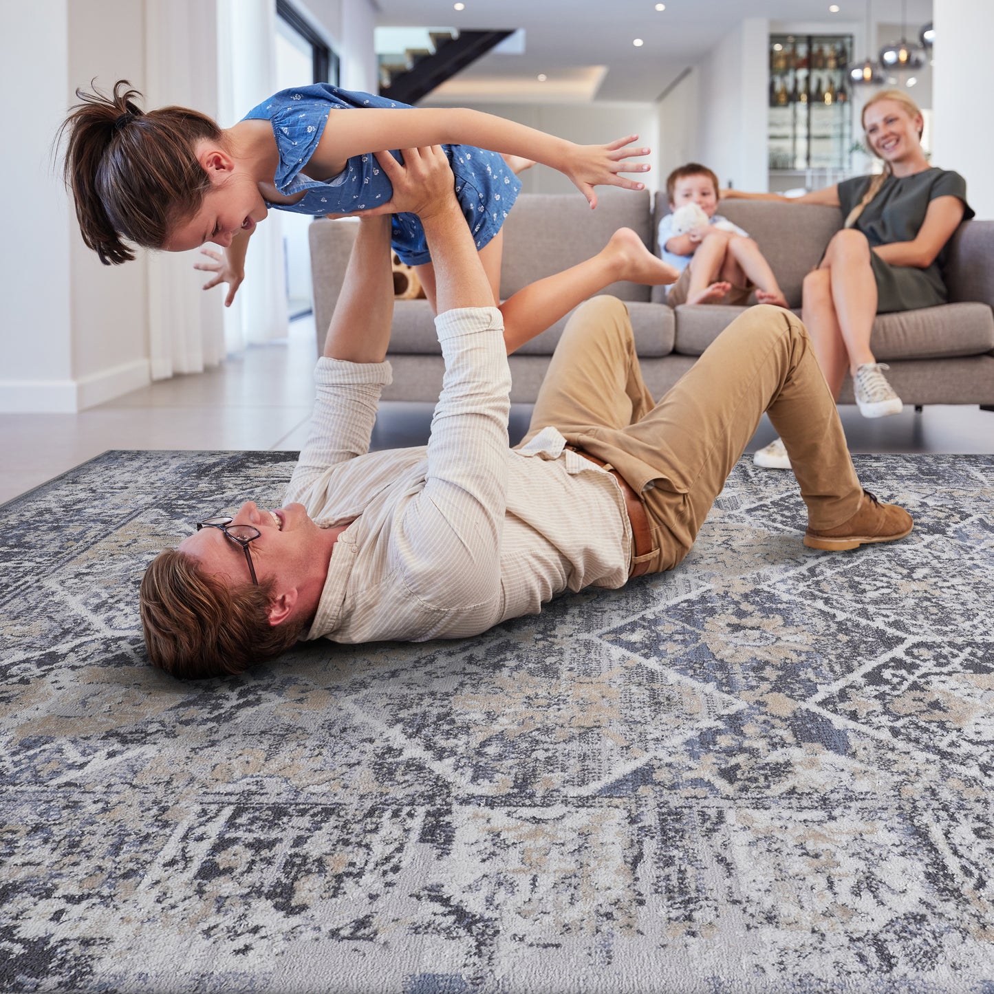 Distressed gray and beige abstract pattern area rug for living rooms