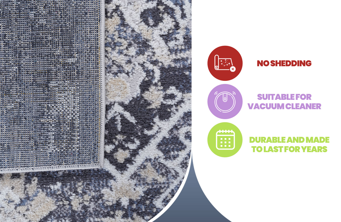 Closeup texture of a grey and cream abstract pattern rug with a woven backing