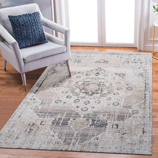 Distressed oriental rug in neutral beige and grey tones with intricate floral patterns for living room decor