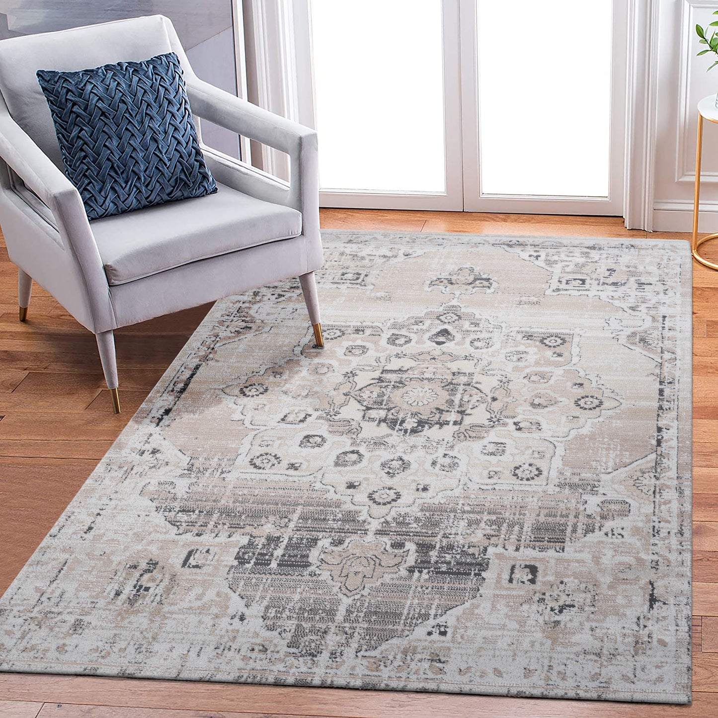 Distressed oriental rug with beige and grey floral medallion pattern x size