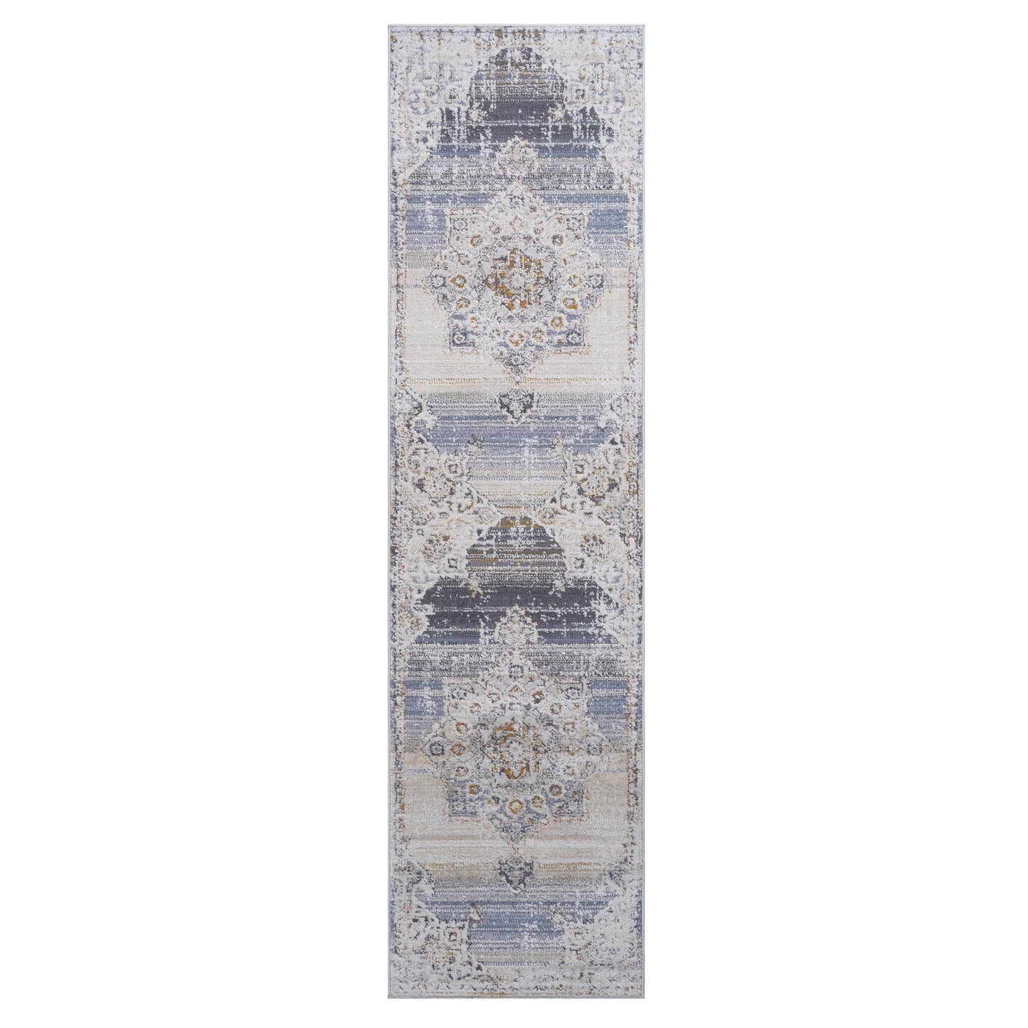 Distressed gray and blue oriental runner rug with antique medallion design perfect for hallways
