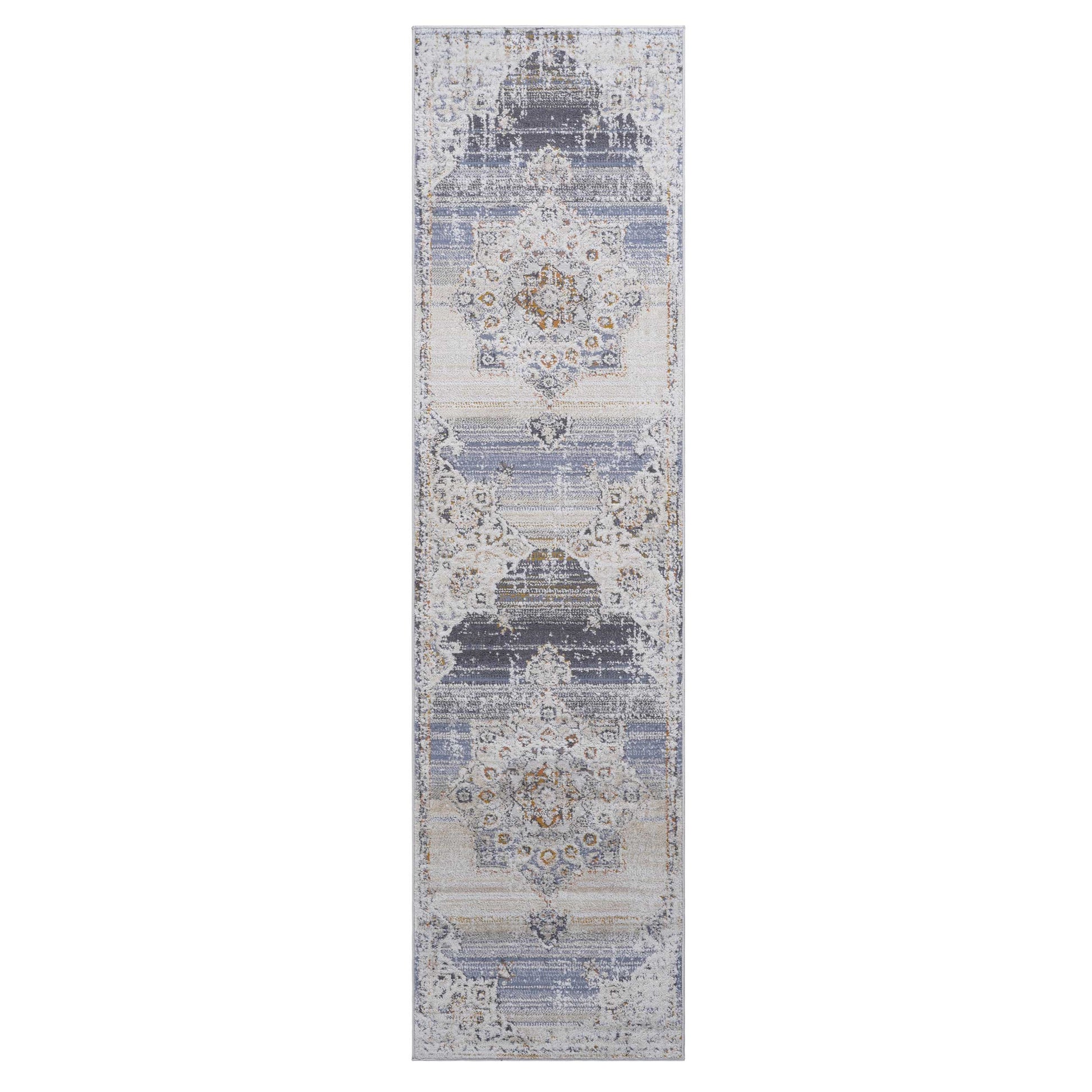 Distressed gray and blue oriental runner rug with antique medallion design perfect for hallways