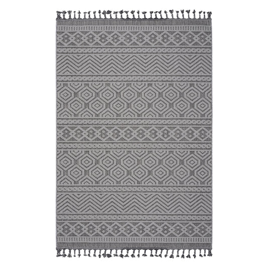Gray geometric patterned rug with tassels and diamond motifs