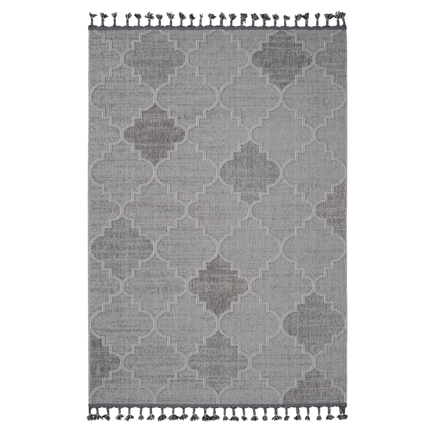 Grey geometric pattern area rug with tassels