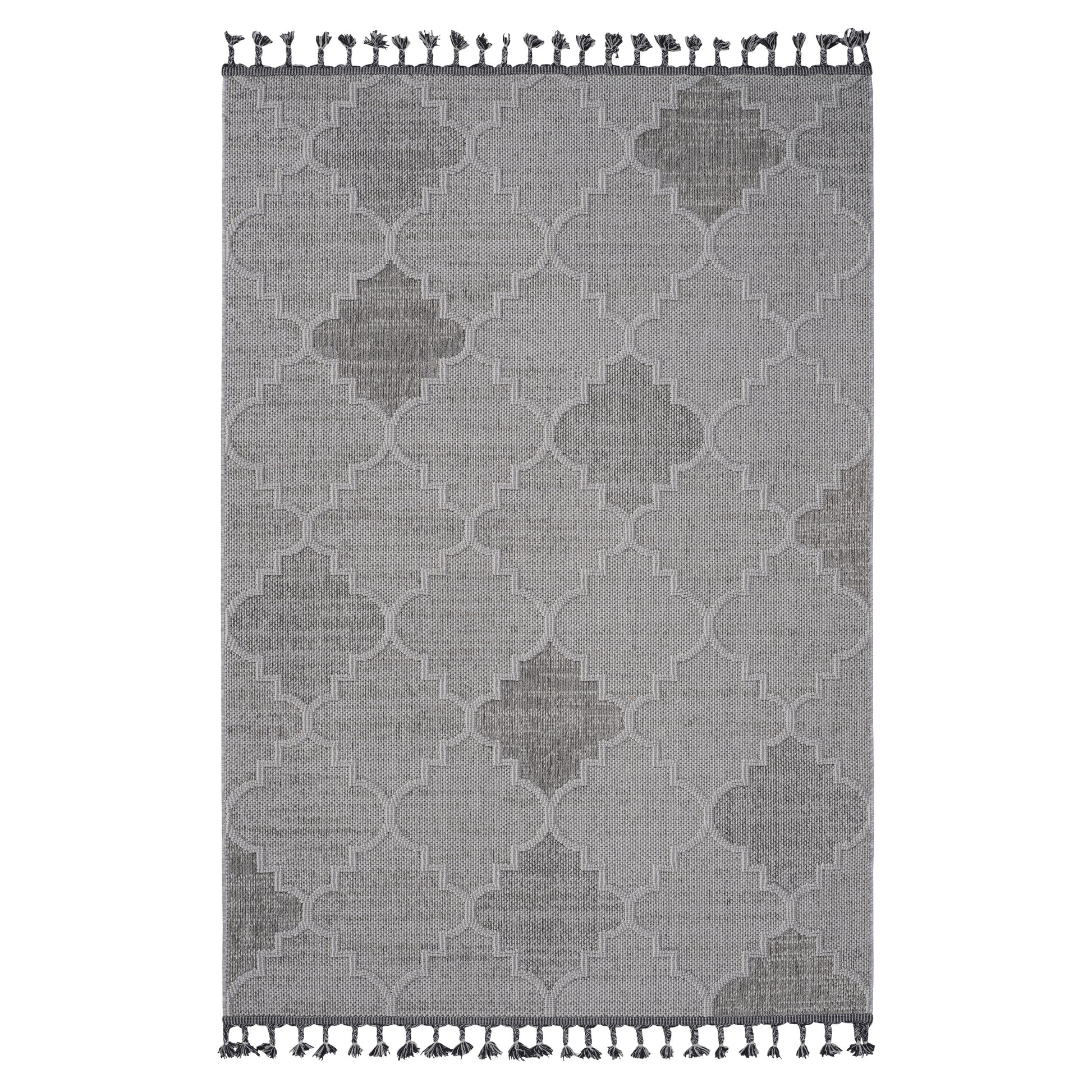 Grey geometric pattern area rug with tassels