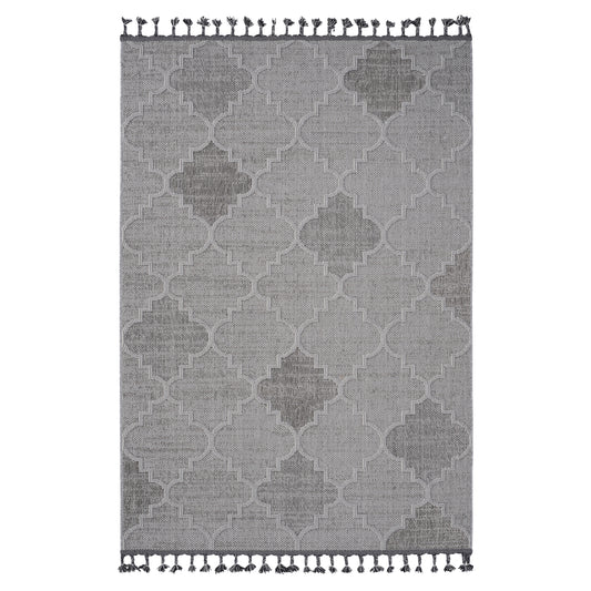 Grey geometric pattern area rug with tassels