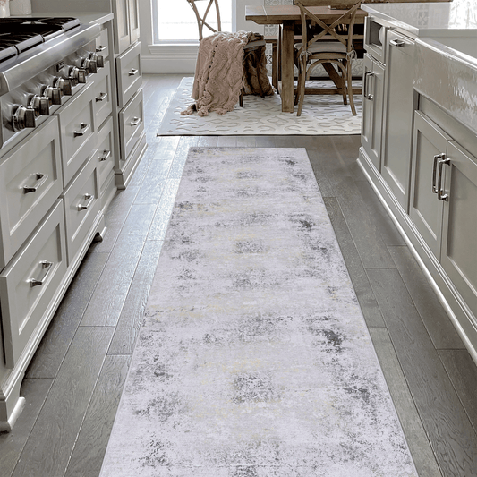 Soft texture distressed abstract runner rug in light gray and yellow tones for kitchen floor