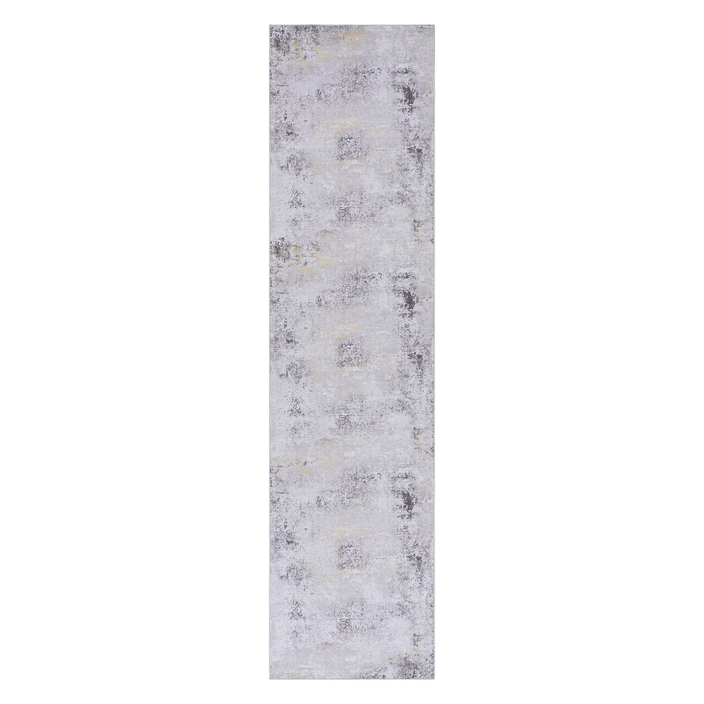 Abstract grey and yellow modern runner rug with distressed texture