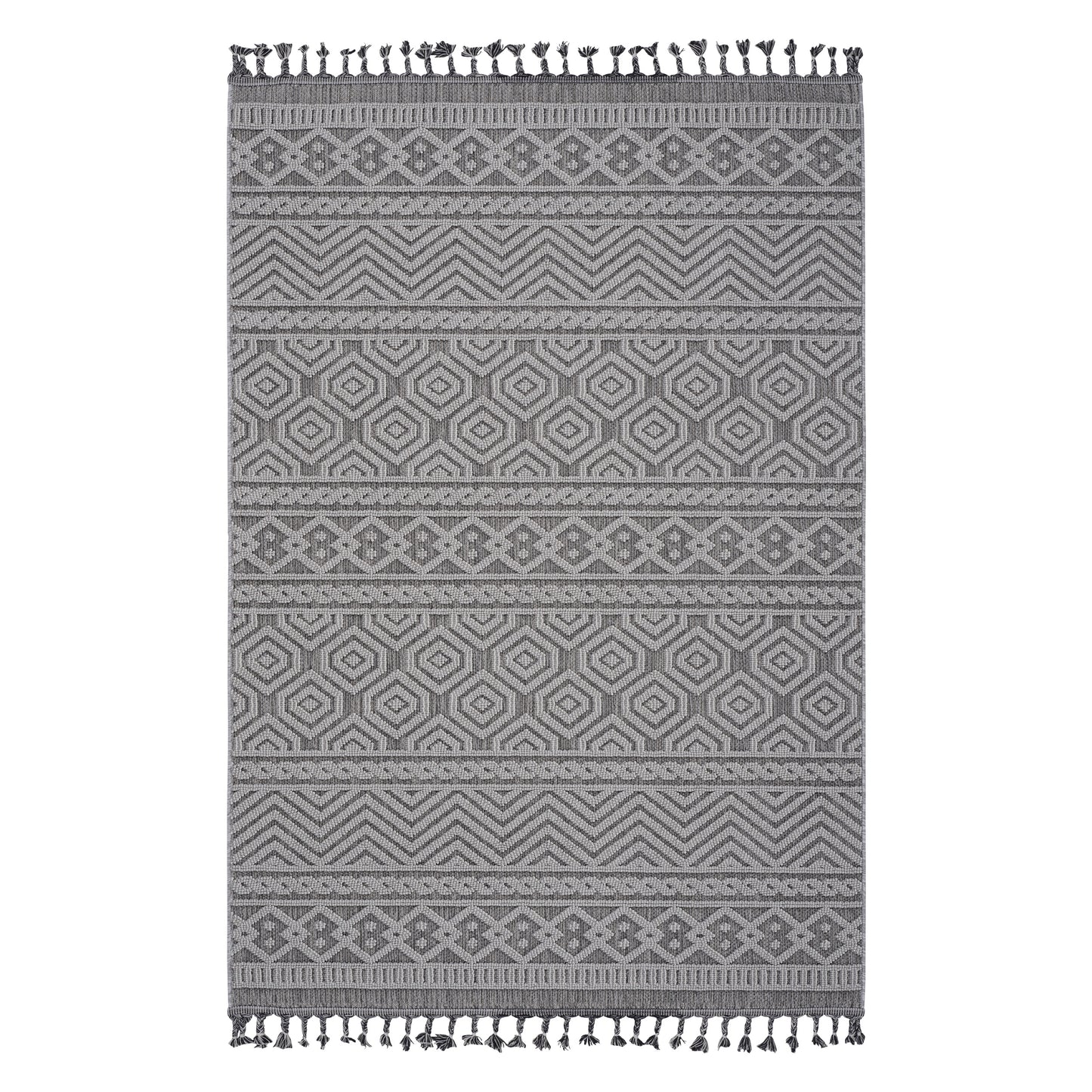 Gray tribal patterned rug with tassels x size for living room