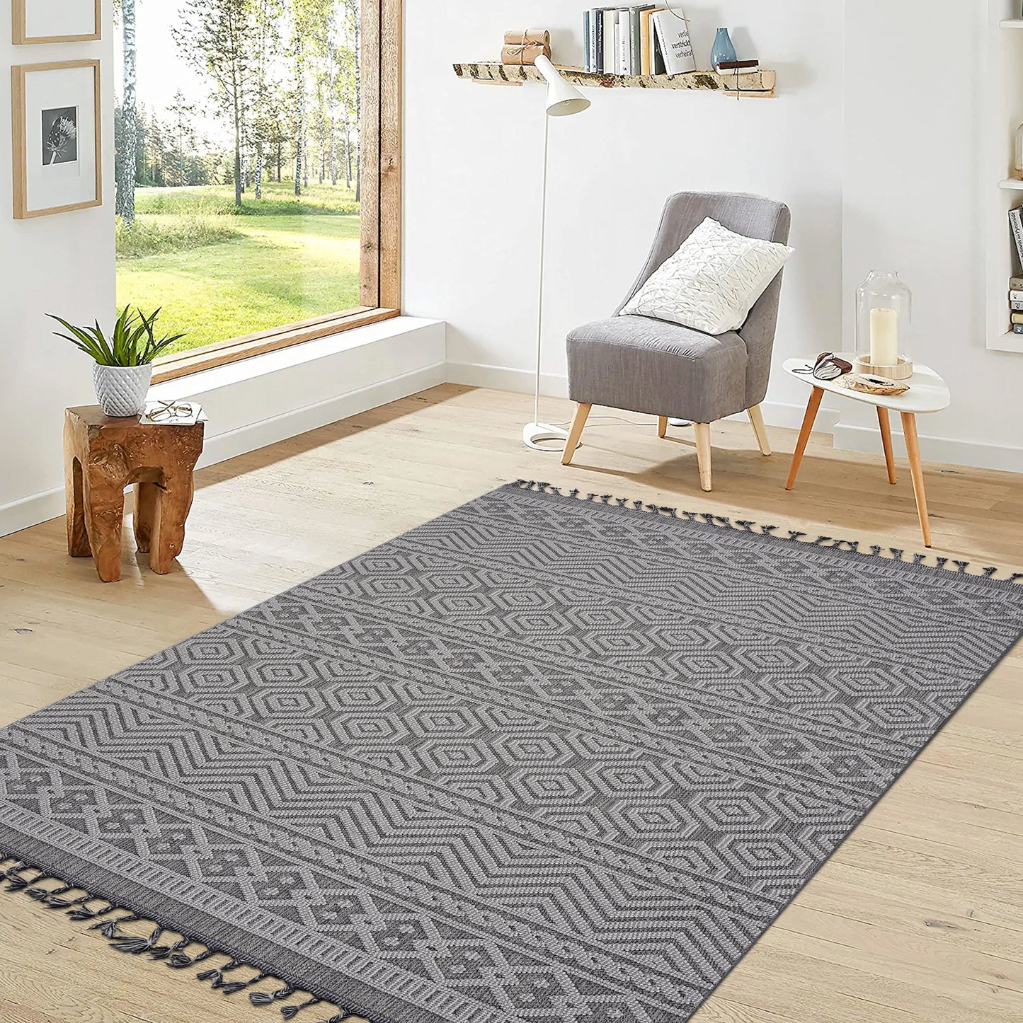 Grey geometric tribal pattern area rug with tassels for living room