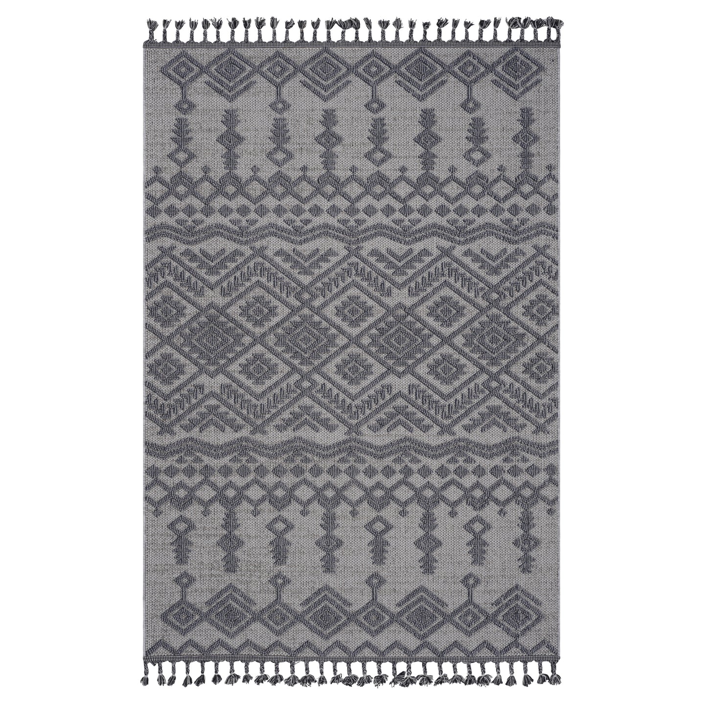 Gray woven area rug with geometric tribal pattern and tassels