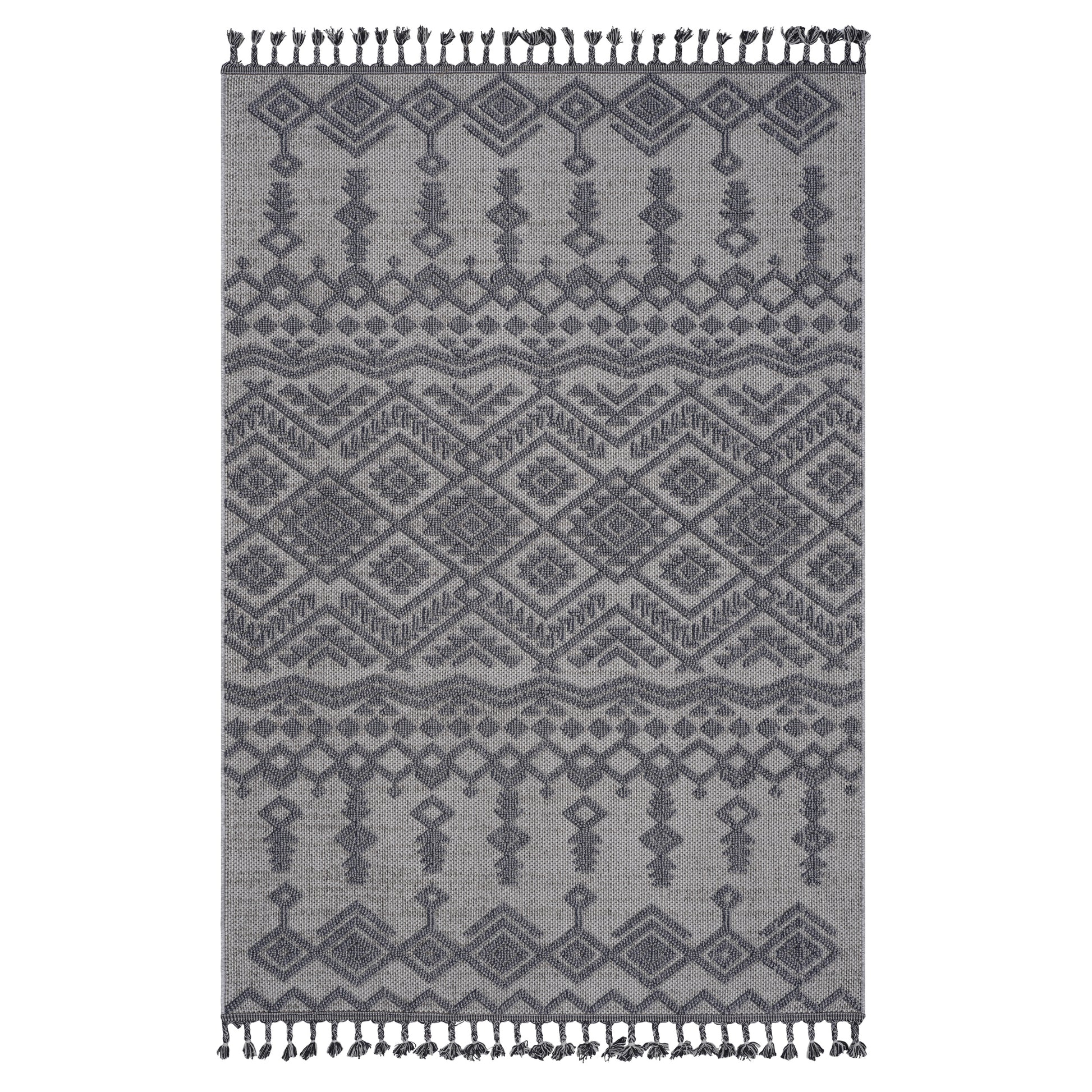 Gray woven area rug with geometric tribal pattern and tassels