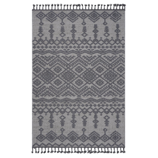 Gray woven area rug with geometric tribal pattern and tassels