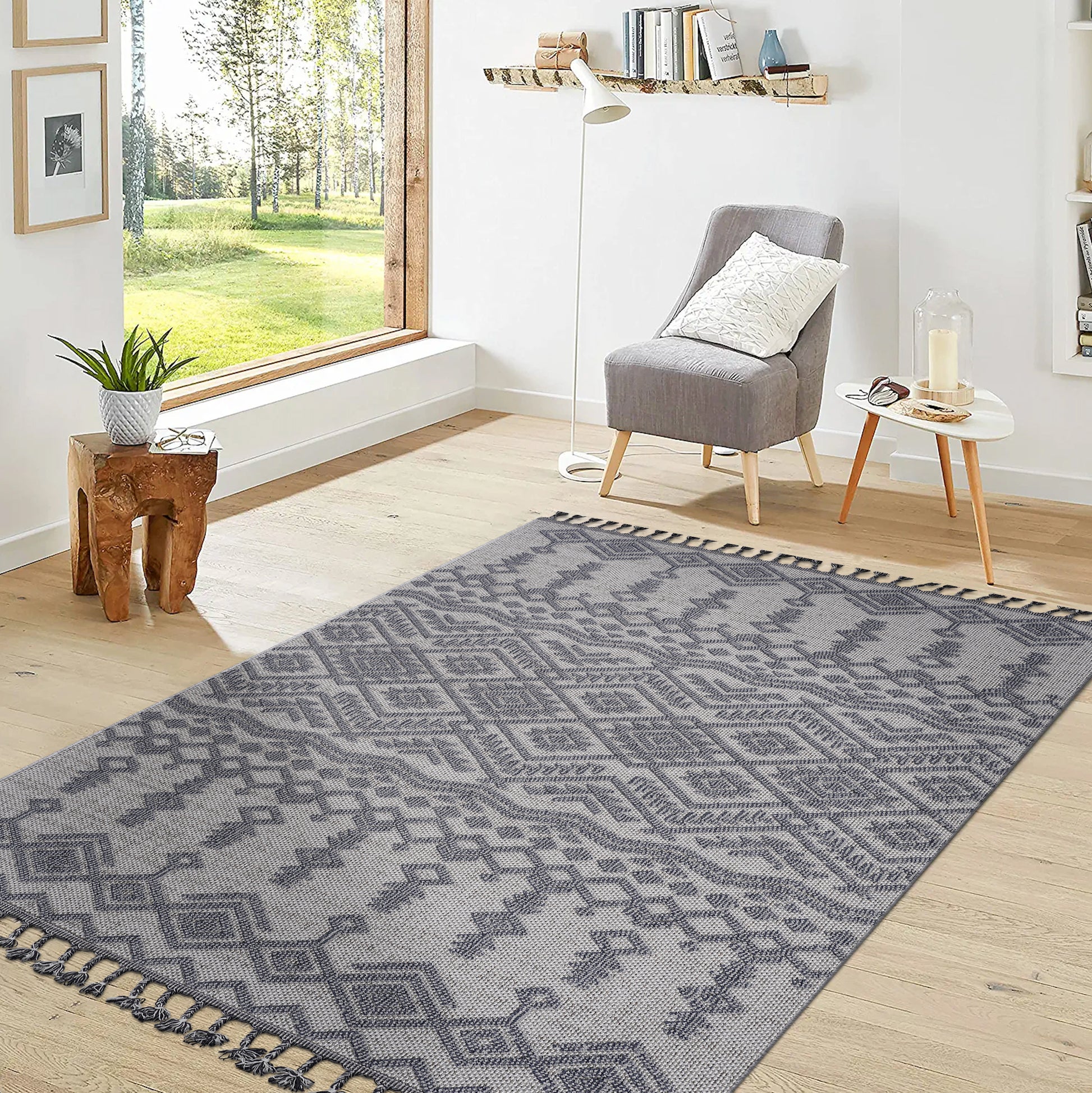 Gray geometric patterned area rug with tassels modern farmhouse style